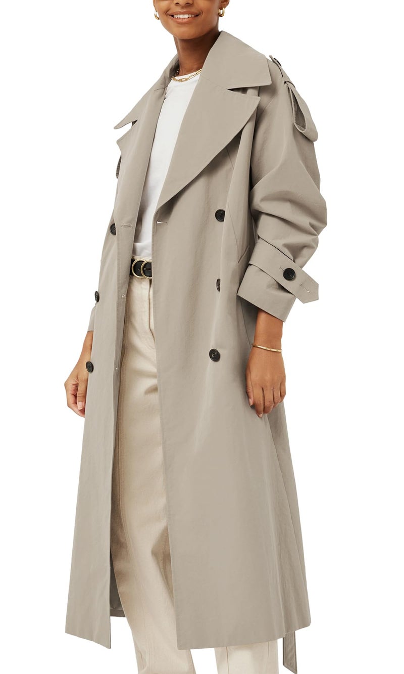 Farktop Womens Oversized Long Trench Coat Double Breasted Lapel Windproof Overcoat with Belt - Image 2