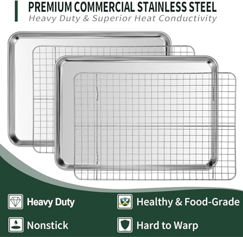 CEKEE Quarter Sheet Pan with Cooling Rack Set [2 Baking Sheets + 2 Baking Racks], CEKEE Stainless Steel Cookie Sheets for Baking and Wire Rack - Rust & Warp Resistant & Nonstick, Size 12 x 9.8 x 1 Inch - Image 3