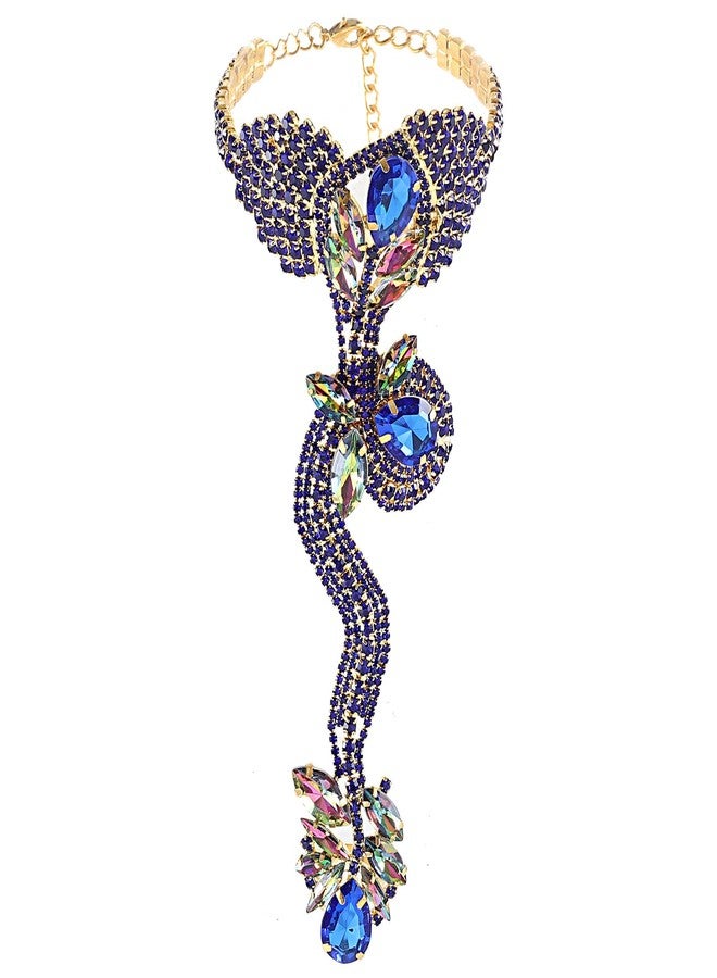 ELABEST Rhinestone Snake Finger Bracelet for Women Diamond Crystal Bangle Hand Chain FInger Ring Bracelets for Women (Blue) - Image 1