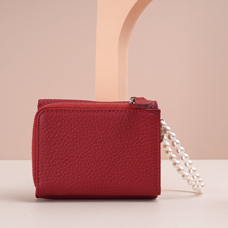Genuine Leather Trifold Ladies Wallet with Pearl Bracelet Red