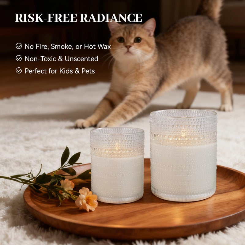 Velsyn Dotted Glass Flameless Candles with Remote Timer, Real Wax Battery Operated LED Pillar Candles with 3D Flickering Flame for Festival Wedding Home Party Decor, 3" x 4", 4" x 5", Set of 2 (White) - Image 4