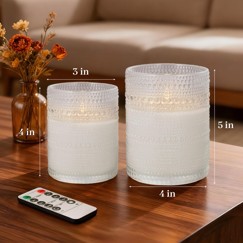 Velsyn Dotted Glass Flameless Candles with Remote Timer, Real Wax Battery Operated LED Pillar Candles with 3D Flickering Flame for Festival Wedding Home Party Decor, 3" x 4", 4" x 5", Set of 2 (White) - Image 5