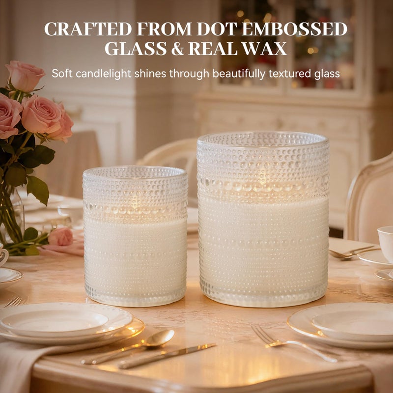 Velsyn Dotted Glass Flameless Candles with Remote Timer, Real Wax Battery Operated LED Pillar Candles with 3D Flickering Flame for Festival Wedding Home Party Decor, 3" x 4", 4" x 5", Set of 2 (White) - Image 2