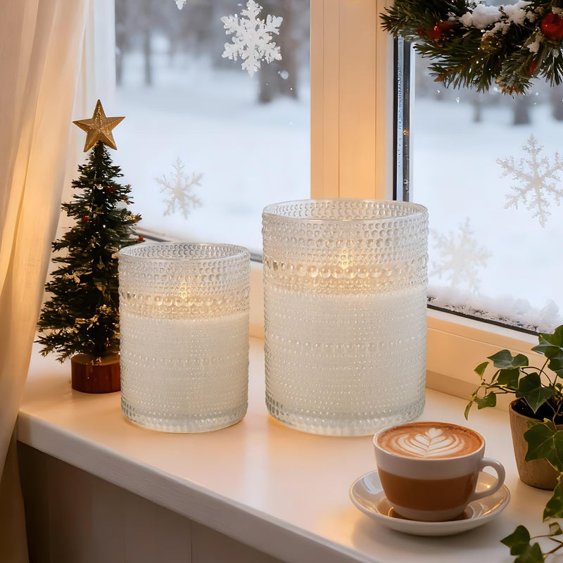 Velsyn Dotted Glass Flameless Candles with Remote Timer, Real Wax Battery Operated LED Pillar Candles with 3D Flickering Flame for Festival Wedding Home Party Decor, 3" x 4", 4" x 5", Set of 2 (White) - Image 3