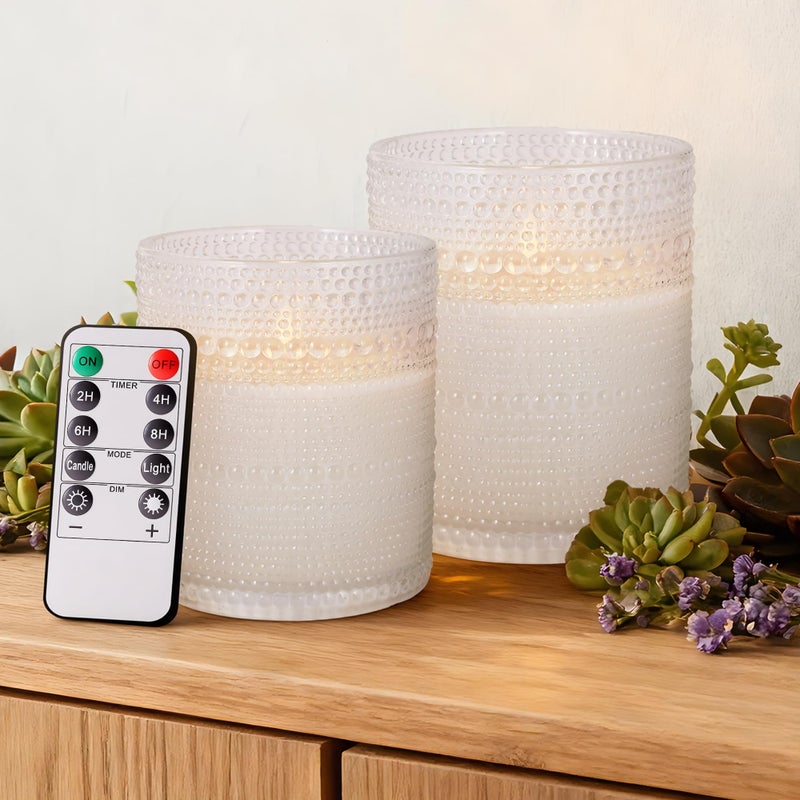 Velsyn Dotted Glass Flameless Candles with Remote Timer, Real Wax Battery Operated LED Pillar Candles with 3D Flickering Flame for Festival Wedding Home Party Decor, 3" x 4", 4" x 5", Set of 2 (White) - Image 1