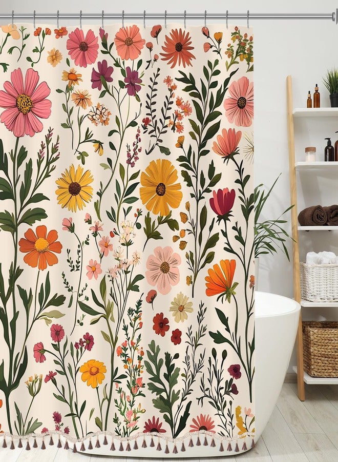 Longan Craft Boho Floral Shower Curtain with Tassels, Wildflower Beige Botanical Flower Tassel Shower Curtain for Bathroom 72x72 Inch Waterproof Fabric Set with 12 Hooks Bohemian Country Bath Curtain Bathtub Decor - Image 1