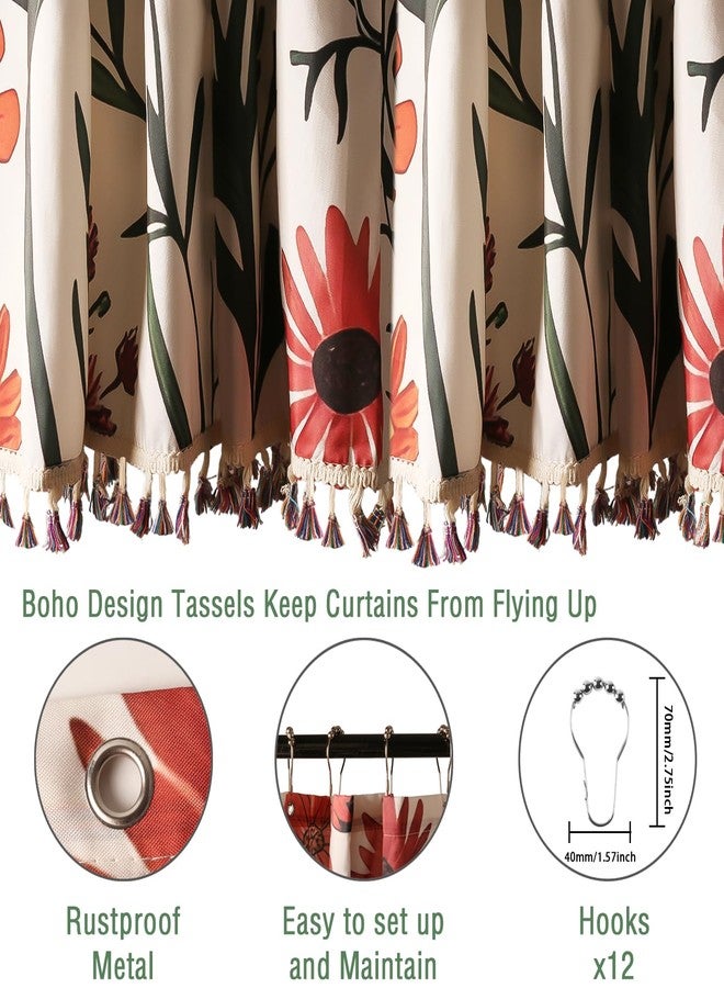 Longan Craft Boho Floral Shower Curtain with Tassels, Wildflower Beige Botanical Flower Tassel Shower Curtain for Bathroom 72x72 Inch Waterproof Fabric Set with 12 Hooks Bohemian Country Bath Curtain Bathtub Decor - Image 3