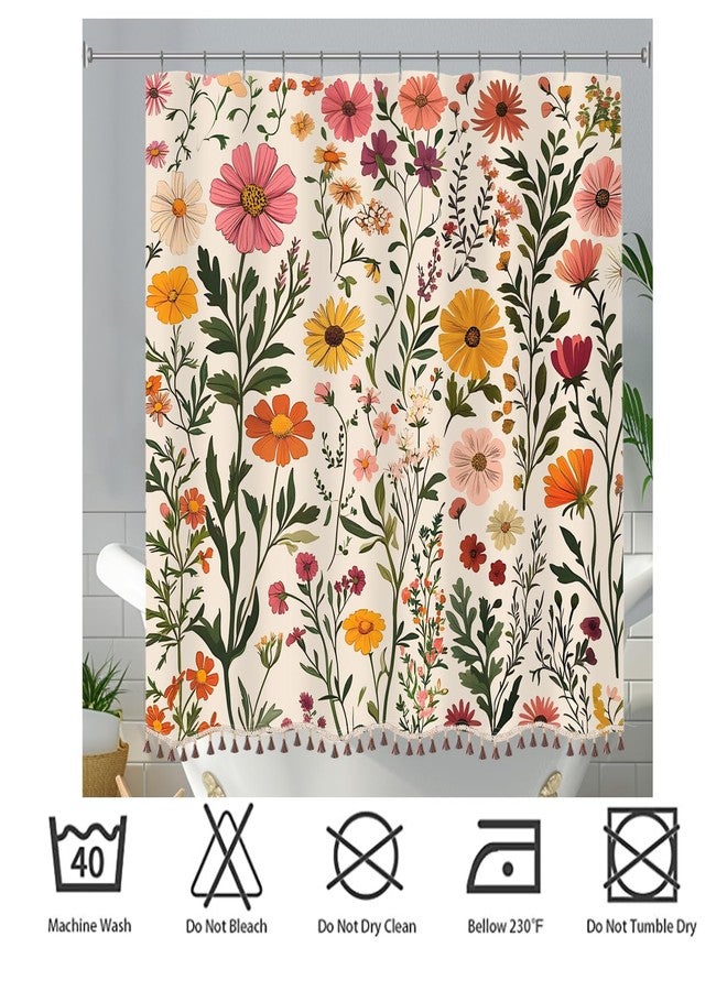 Longan Craft Boho Floral Shower Curtain with Tassels, Wildflower Beige Botanical Flower Tassel Shower Curtain for Bathroom 72x72 Inch Waterproof Fabric Set with 12 Hooks Bohemian Country Bath Curtain Bathtub Decor - Image 5