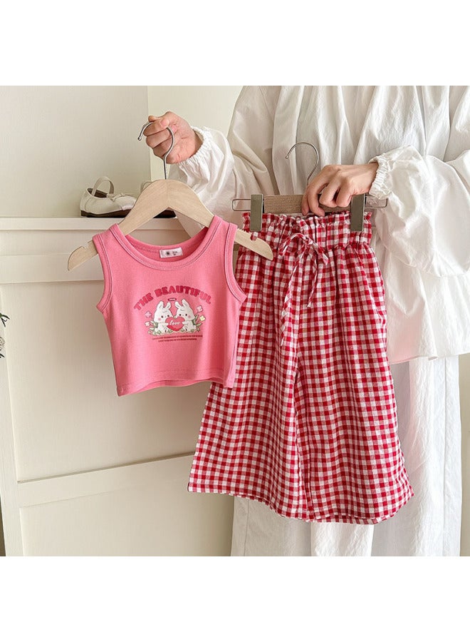 Baby Girls' Wide Leg Pants Summer Thin Ankle-length Pants Plaid Anti-mosquito Pants Western-style Children's Loosen Pants Two-piece Set