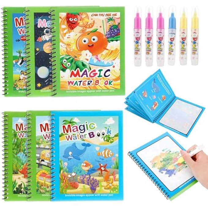 6 PACK WATER COLOURING BOOKS FOR KIDS, REUSABLE WATER PAINTING BOOKS WITH 6 PENS FOR 3-6 YEARS KIDS EDUCATIONAL TOYS ACTIVITY TRAVEL KITS - Image 1