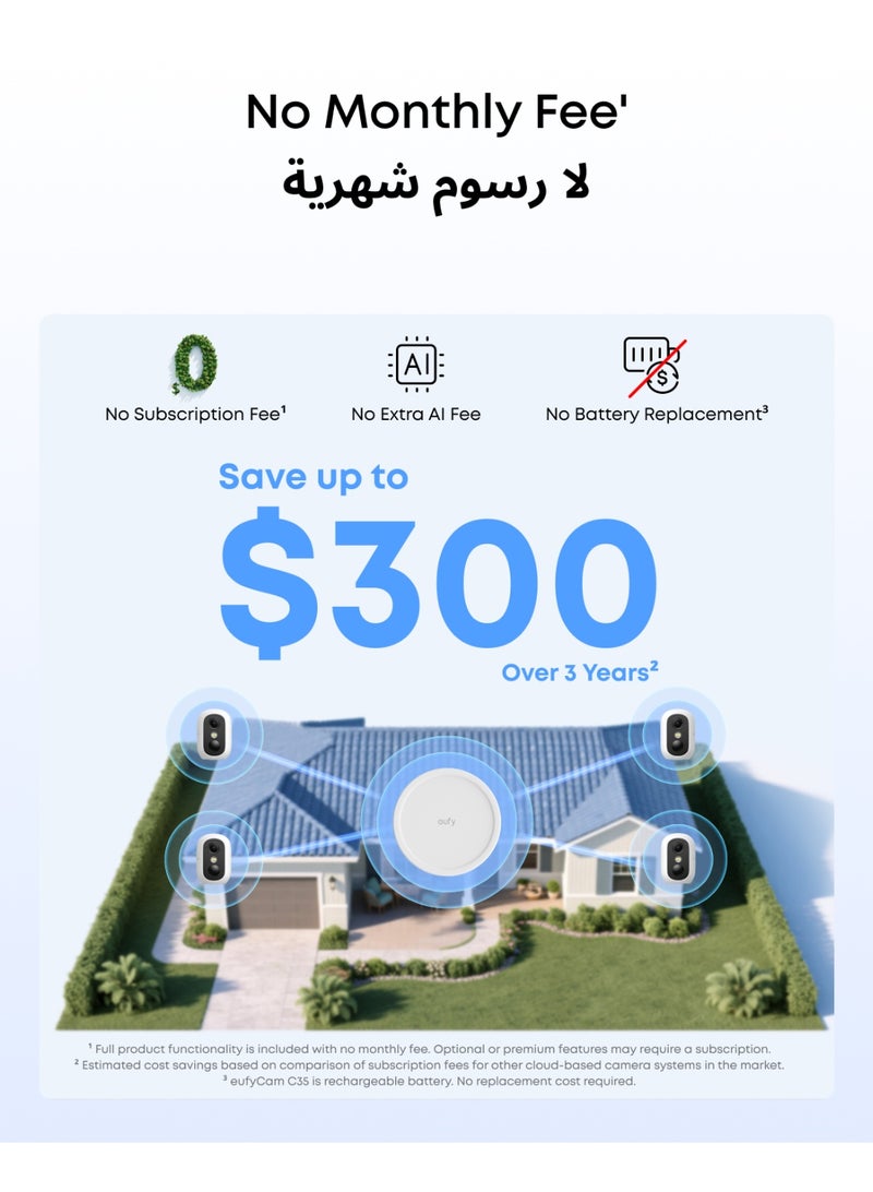 إيوفي يوفي سيكيوريتي كاميرا لاسلكية خارجية C35 من يوفي كام 4 قطع مع هوم بيس ميني، كاميرا امان منزلية، حامل مغناطيسي، رؤية ليلية ملونة، تخزين بدون اشتراك على الجهاز، IP67، التعرف على الوجه - Image 2