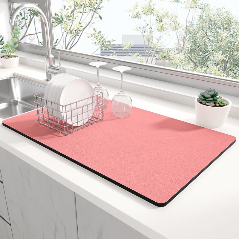 Rnivvi Dish Drying Mat for Kitchen Counter 12 x 19 Super Absorbent Drainer Pad Easy Clean Dish Rack Pad NonSlip Heat Resistant Coffee Bar Mats for Coffee Machine Station Accessories Rose Pink