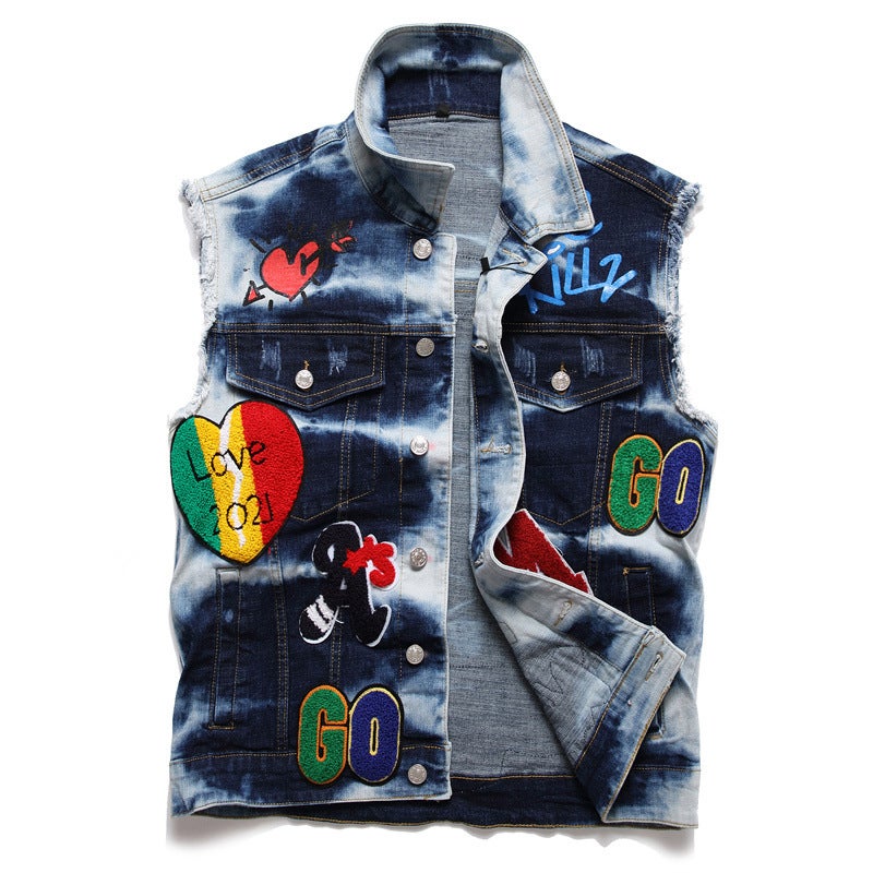 New 2022 Spring Mens Embroidered Denim Cardigan Youth Popular Lapel Mens Loose Casual Vest 0003 Indigo