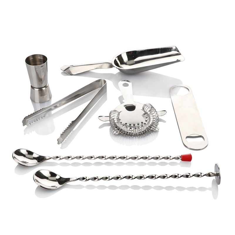 Urban Snackers Stainless Steel Bar Set of 7 Pieces Including Spoon Full TwistedScoopBar StrainerOpenerJiggerTongBar Spoon Masher - Image 2
