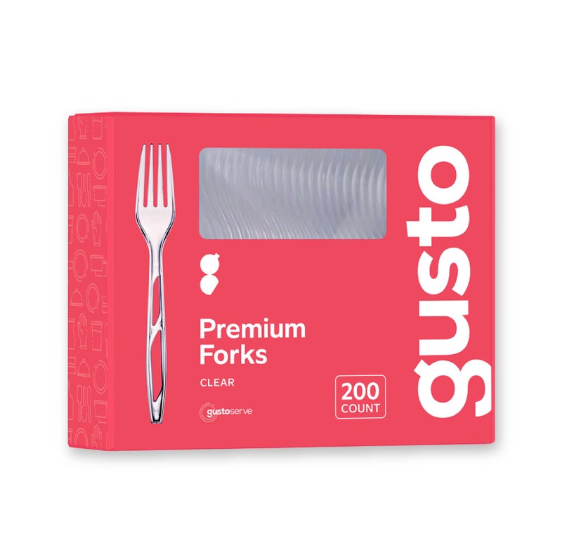 Gusto 200 Count Premium Heavyweight Disposable Forks  Clear Plastic Forks Plastic Cutlery Perfect for Parties Events and Catering