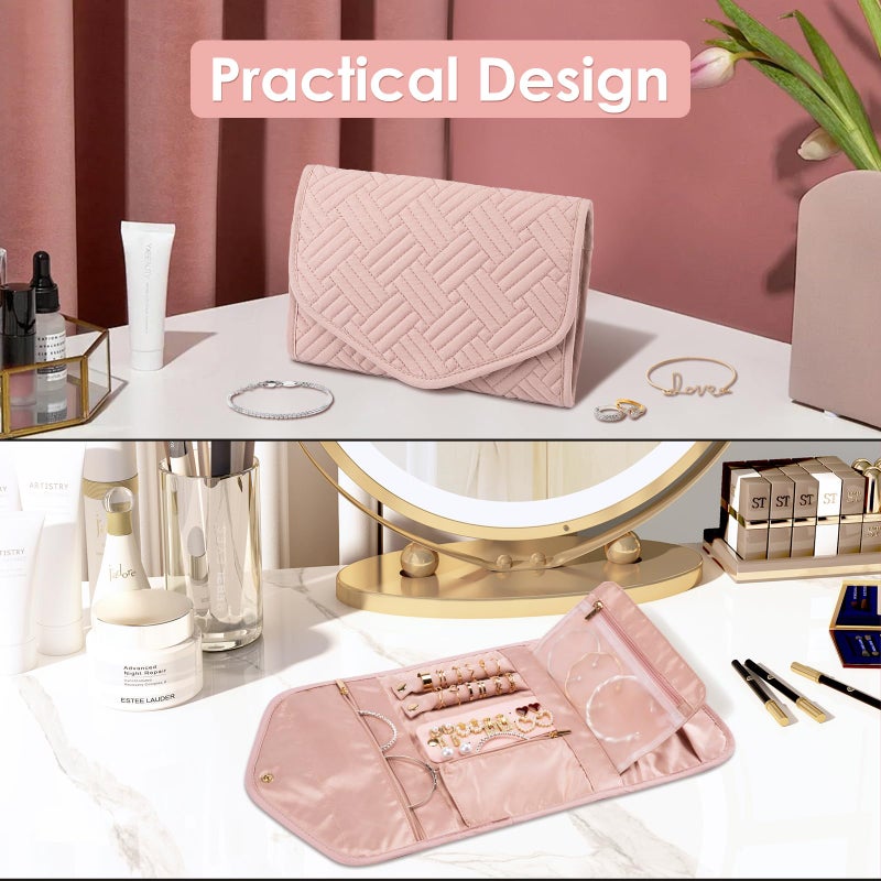 Amrules Travel Jewelry Organizer Bag Anti-Tangle Foldable Small Jewelry Roll Travel Case Accessory for Necklaces, Earrings, Rings, Bracelets, Watches, Pink - Image 5