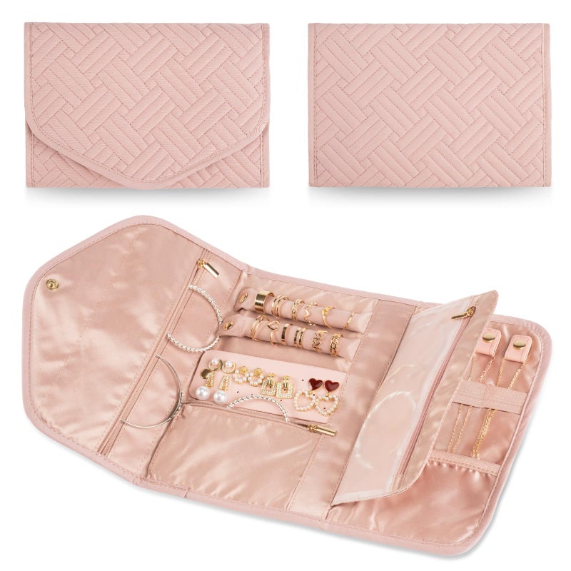 Amrules Travel Jewelry Organizer Bag Anti-Tangle Foldable Small Jewelry Roll Travel Case Accessory for Necklaces, Earrings, Rings, Bracelets, Watches, Pink - Image 1