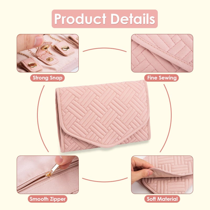 Amrules Travel Jewelry Organizer Bag Anti-Tangle Foldable Small Jewelry Roll Travel Case Accessory for Necklaces, Earrings, Rings, Bracelets, Watches, Pink - Image 3