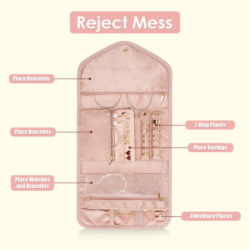 Amrules Travel Jewelry Organizer Bag Anti-Tangle Foldable Small Jewelry Roll Travel Case Accessory for Necklaces, Earrings, Rings, Bracelets, Watches, Pink - Image 4