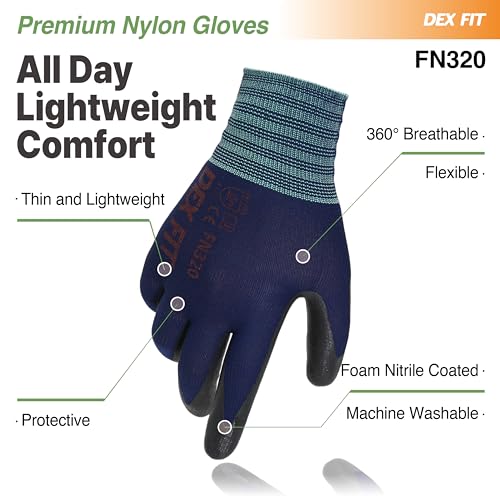 DEX FIT Premium Nylon Work Gloves FN320 - Firm Nitrile Grip, 3D-Comfort Stretchy Fit, Thin & Lightweight, Protective & Durable, Breathable, Machine Washable; Navy 8 (M) 3 Pairs - Image 4