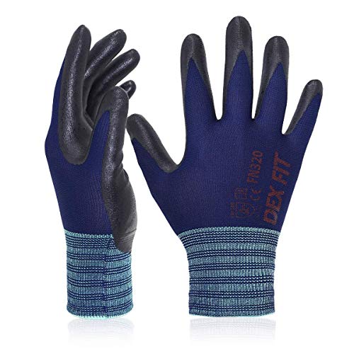 DEX FIT Premium Nylon Work Gloves FN320 - Firm Nitrile Grip, 3D-Comfort Stretchy Fit, Thin & Lightweight, Protective & Durable, Breathable, Machine Washable; Navy 8 (M) 3 Pairs - Image 1