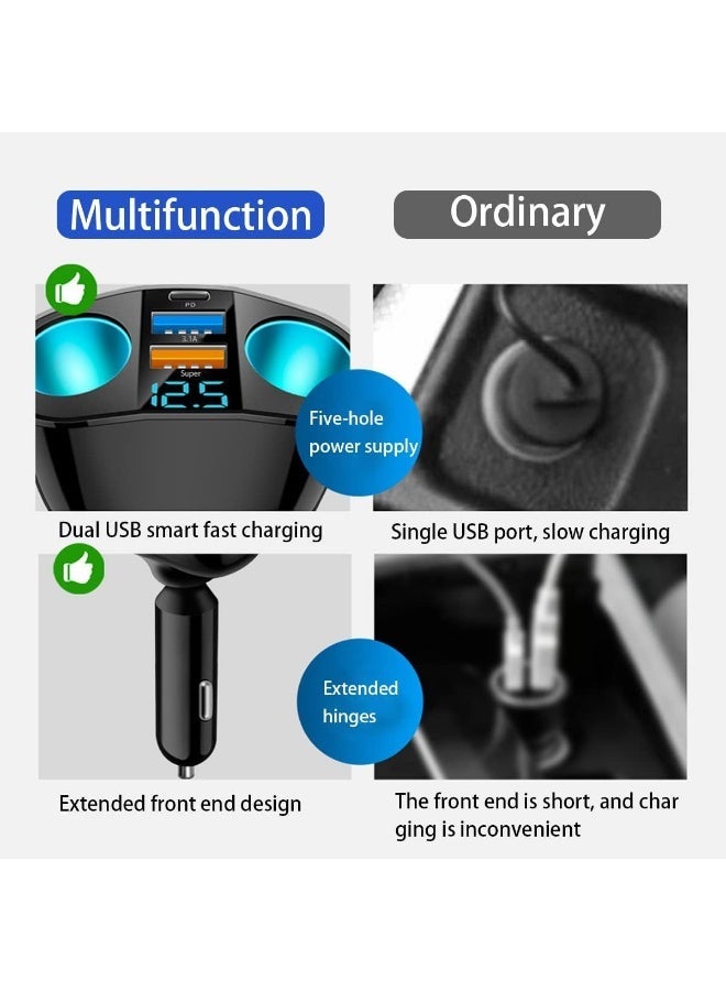 Car Cigarette Lighter Splitter, 2-Socket Cigarette Lighter Adapter with LED Voltmeter, Dual USB QC3.0 Type-C 20W PD Fast Car Charger, 12V/24V Splitter Adapter for Smart Phone GPS Dash Cam - Image 3