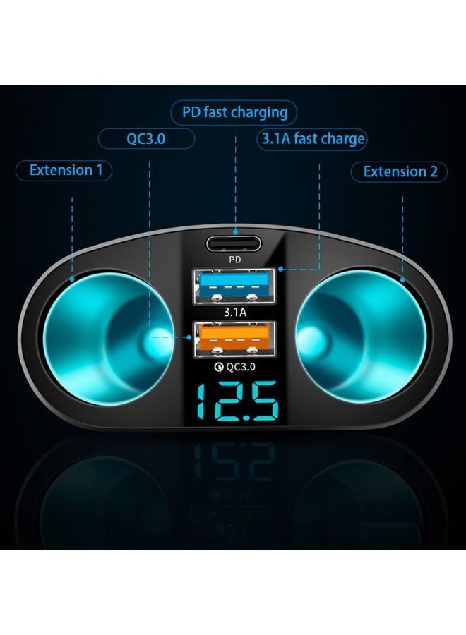 Car Cigarette Lighter Splitter, 2-Socket Cigarette Lighter Adapter with LED Voltmeter, Dual USB QC3.0 Type-C 20W PD Fast Car Charger, 12V/24V Splitter Adapter for Smart Phone GPS Dash Cam - Image 5
