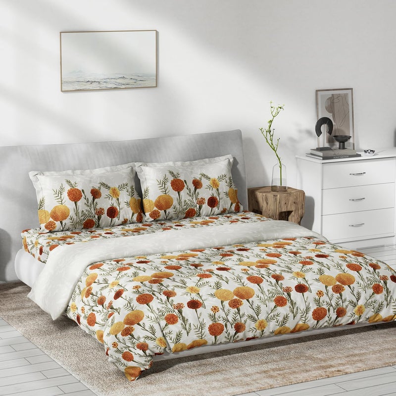 DDECOR Live beautiful Ddecor Pack of 1 Mariegold Floral Cotton Bedsheet and Quilt with 2 Pillow Covers Yellow 