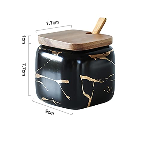 JFFLYIT 2 Sets of Marble Ceramic Sugar Bowl Ceramic Seasoning Jars with Wooden Lid and Wooden Spoon(Black) - Image 3