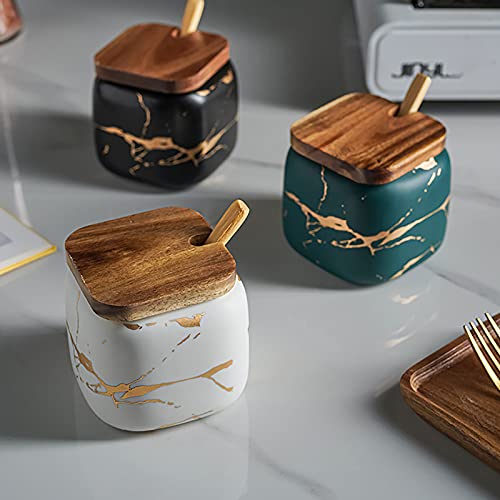 JFFLYIT 2 Sets of Marble Ceramic Sugar Bowl Ceramic Seasoning Jars with Wooden Lid and Wooden Spoon(Black) - Image 4