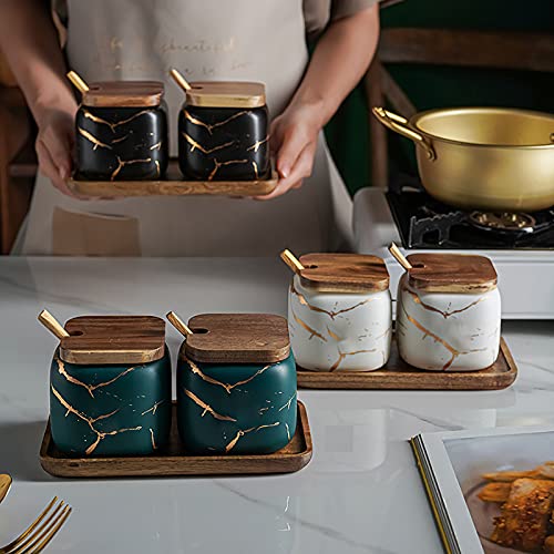 JFFLYIT 2 Sets of Marble Ceramic Sugar Bowl Ceramic Seasoning Jars with Wooden Lid and Wooden Spoon(Black) - Image 2