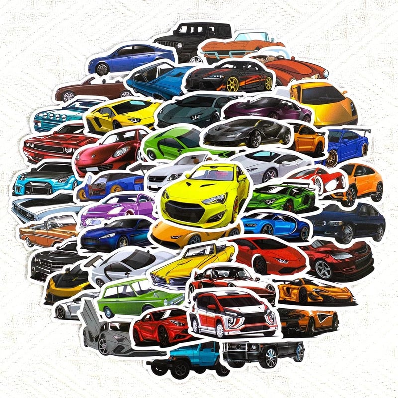 Khazna 50Pcs Race Car Stickers for Kids Boys, Racing Sport Vinyl Waterproof Water Bottles Laptop Guitar Skateboard Helmet Scrapbook, Cars Sticker Gifts Teens Adults - Image 1