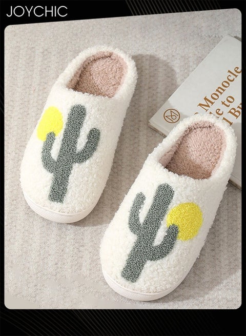 Cactus Pattern Comfortable Home Slippers Autumn and Winter Plush Warm Thick-soled Bedroom Indoor Slipper for Women Men Couple