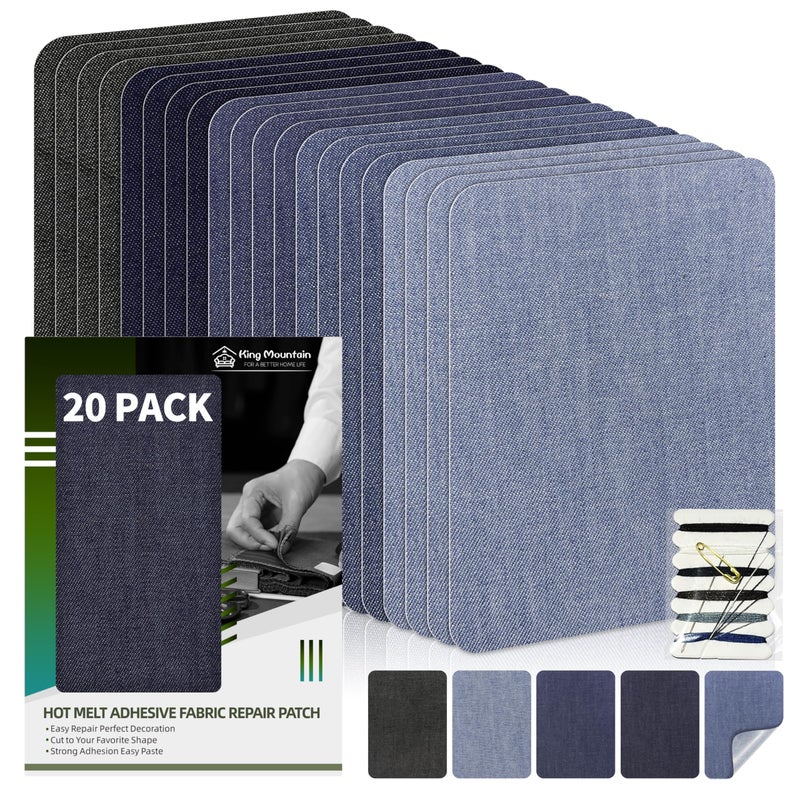 KING MOUNTAIN Iron-on Repair Patch 20 Pcs Pack,Denim Patches for Jeans Kit 3" by 4-1/4",100% Cotton Denim Iron-on Repair Patch,Jeans and Clothing Repair and Decoration Kit (Five Color 1.0) - Image 1