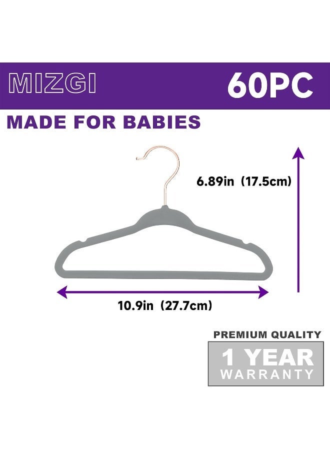 MIZGI شماعات ميسجي الفاخرة للأطفال من المخمل 11 بوصة شماعات ملابس الأطفال 60 قطعة شماعات غير قابلة للانزلاق للأطفال الرضع/الصغار من الأولاد والبنات منظم خزانة رفيع للغاية - Image 4