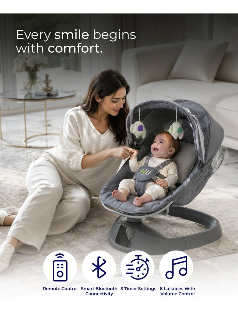 H U Electric Baby Swing with Bluetooth Music, Remote Control & HD Display, 5-Speed Rocking Motion, 3 Timer Settings, 8 Lullabies & EU Charger for Infants and Toddlers - Image 3