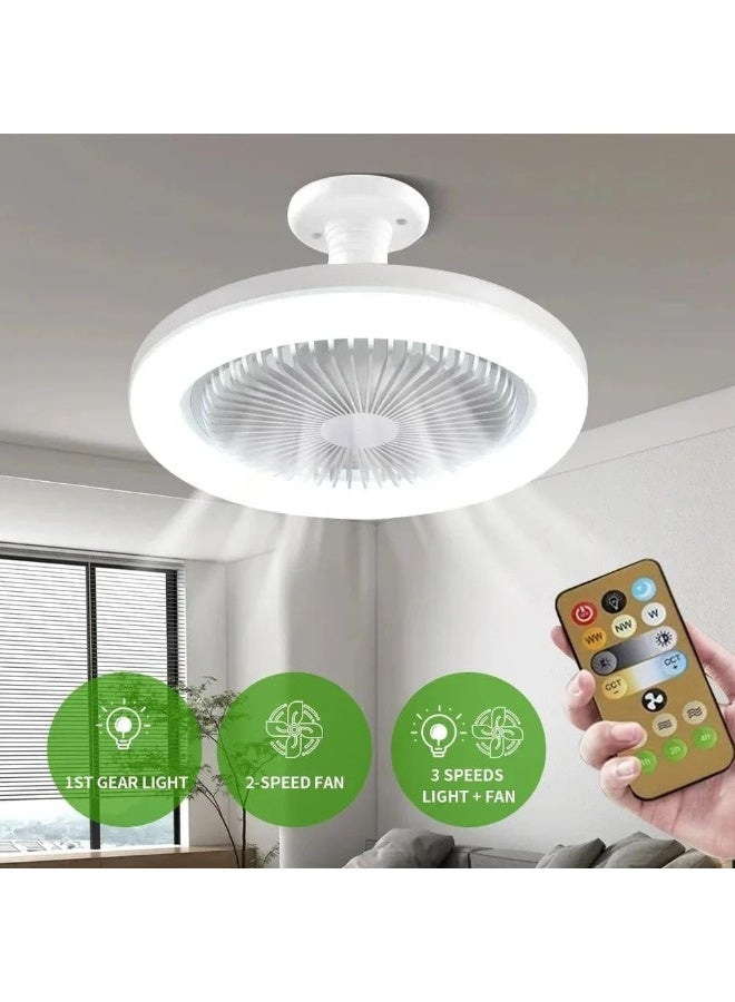 مروحة سقف بدون شفرات مغلقة تركب على قاعدة لمبة E26 مع ضوء LED قابل للتعتيم، 3 سرعات رياح و3 أوضاع إضاءة، جهاز تحكم عن بعد، مروحة نجفة صغيرة للجراج وغرف الأدوات والتخييم – لون أبيض 25 سم - Image 3