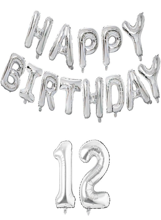Flyloons 12th Silver Colour Happy Birthday Foil Balloon Set for 12 Year Old Boys Girls Teenage | with Number Twelve | 13 Letters Reusable Happy Birthday Metallic Foil Balloons Decoration Kit - Image 1