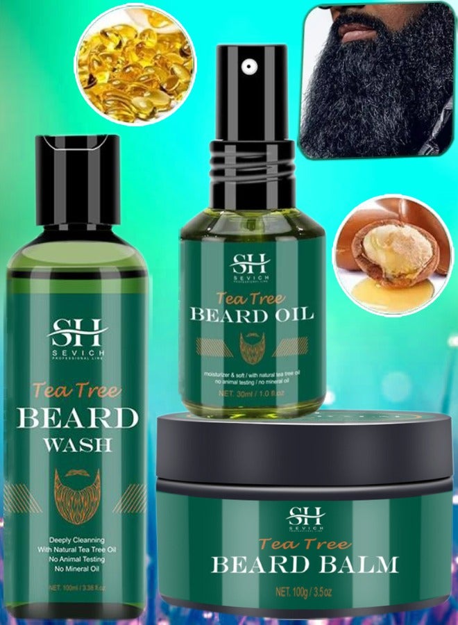 Tea Tree Beard Growth Pack Tea Tree Beard Growth Oil Beard Wash and Beard Balm for Daily Beard and Moustache Care Beard Growth Deep Cleaning and Beard Styling Combo Pack Beard Kit