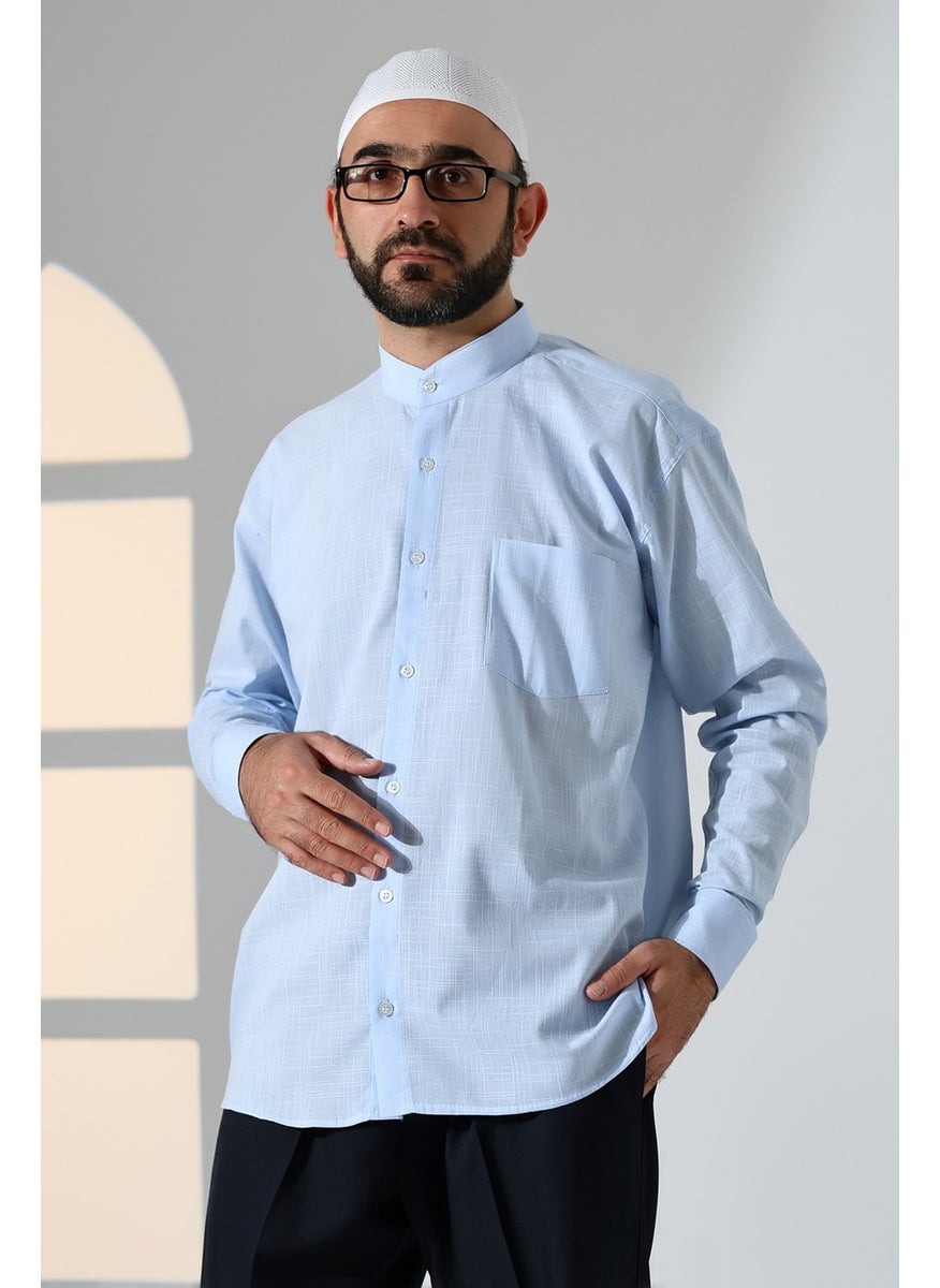 İhvan Online Blue Men's Loose Cut Single Pocket Judge Collar Hajj and Umrah Linen Shirt  - Image 1