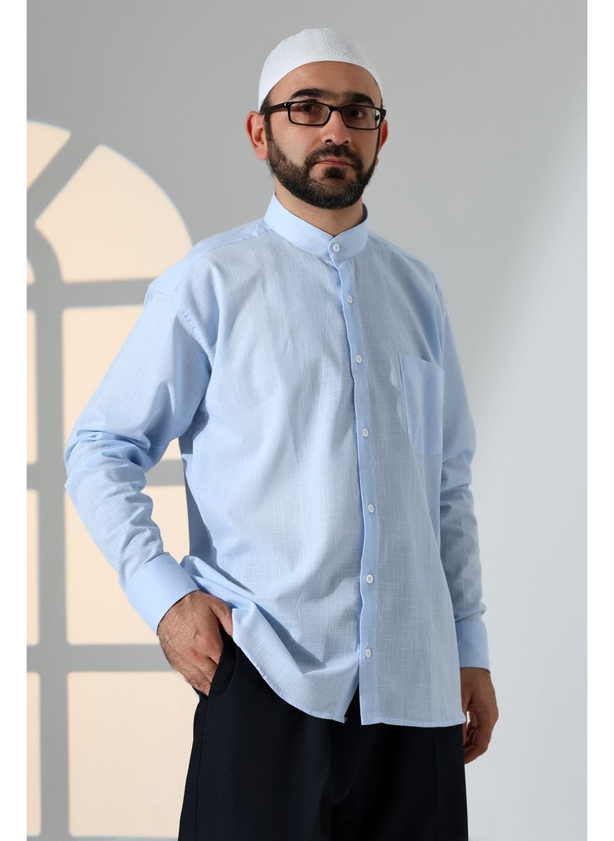 İhvan Online Blue Men's Loose Cut Single Pocket Judge Collar Hajj and Umrah Linen Shirt  - Image 3