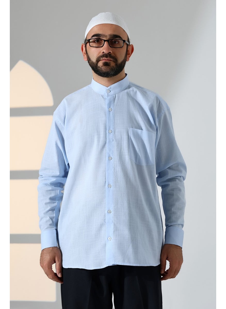 İhvan Online Blue Men's Loose Cut Single Pocket Judge Collar Hajj and Umrah Linen Shirt  - Image 2