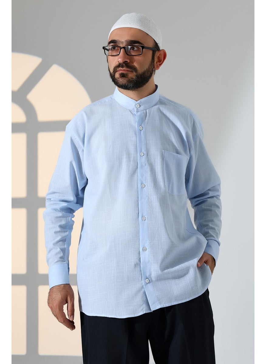 İhvan Online Blue Men's Loose Cut Single Pocket Judge Collar Hajj and Umrah Linen Shirt  - Image 4