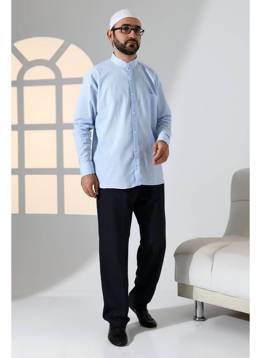 İhvan Online Blue Men's Loose Cut Single Pocket Judge Collar Hajj and Umrah Linen Shirt  - Image 5