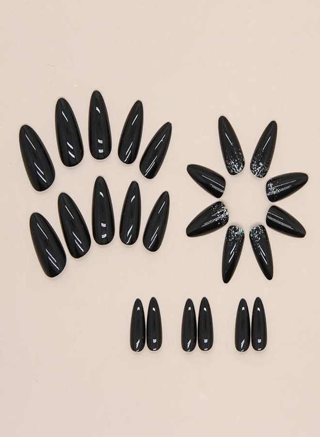 Gangel Black Press on Nails Glitter Glossy Almond Shape Fake Nails with Nail Glue Medium Acrylic False Nails for Women and Girls(24 pcs) - Image 4