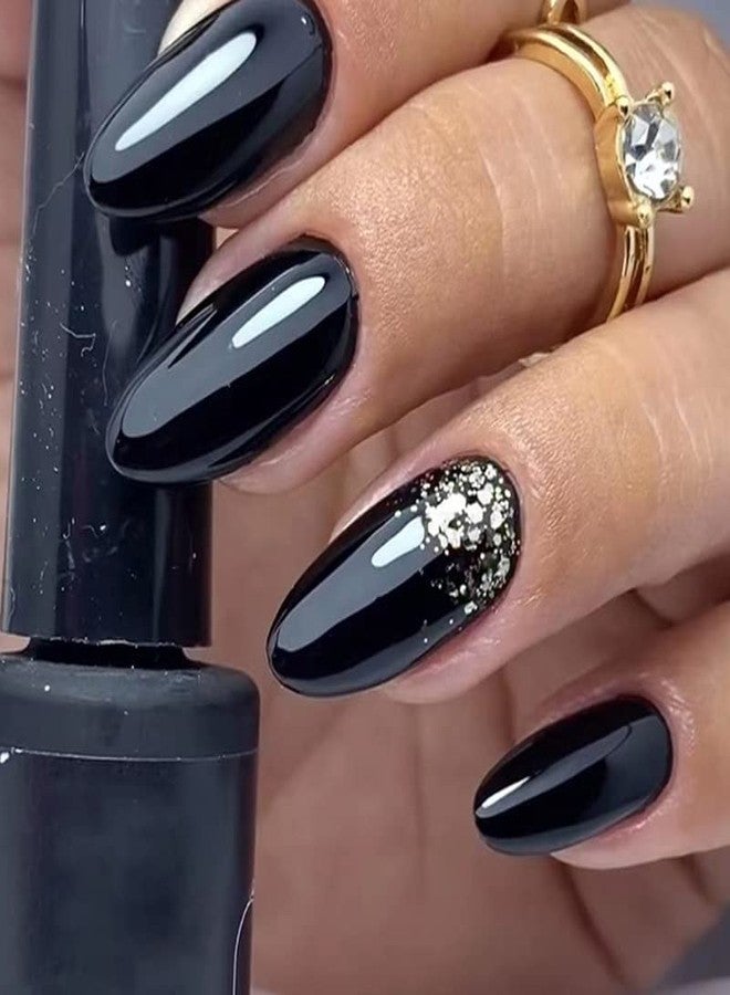 Gangel Black Press on Nails Glitter Glossy Almond Shape Fake Nails with Nail Glue Medium Acrylic False Nails for Women and Girls(24 pcs) - Image 1