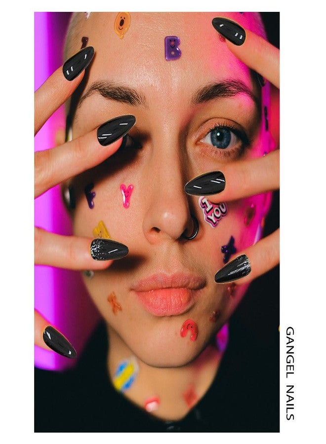 Gangel Black Press on Nails Glitter Glossy Almond Shape Fake Nails with Nail Glue Medium Acrylic False Nails for Women and Girls(24 pcs) - Image 2