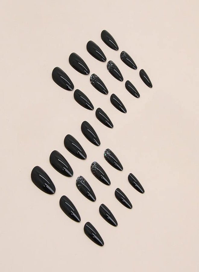 Gangel Black Press on Nails Glitter Glossy Almond Shape Fake Nails with Nail Glue Medium Acrylic False Nails for Women and Girls(24 pcs) - Image 5