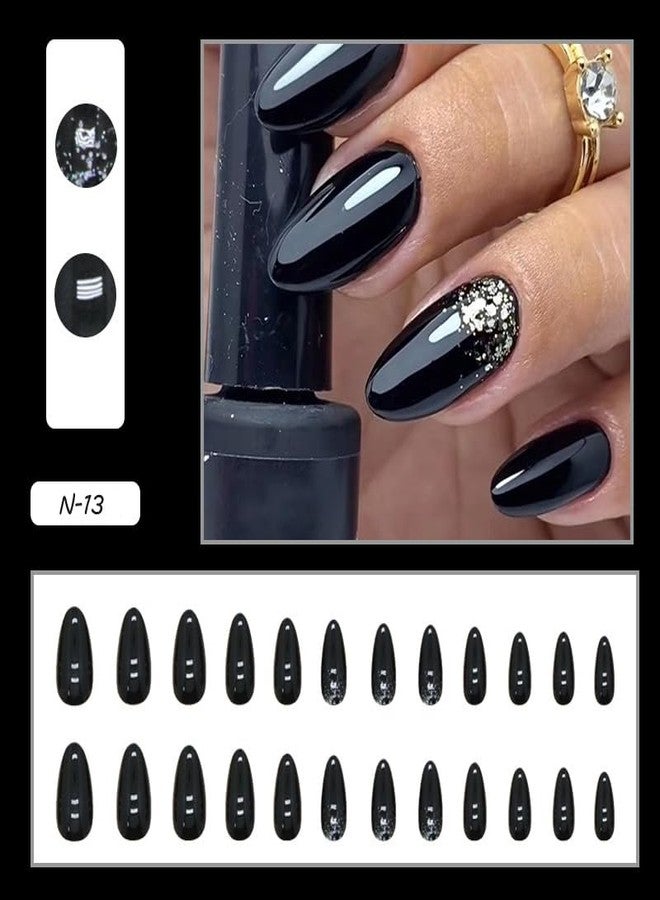 Gangel Black Press on Nails Glitter Glossy Almond Shape Fake Nails with Nail Glue Medium Acrylic False Nails for Women and Girls(24 pcs) - Image 3