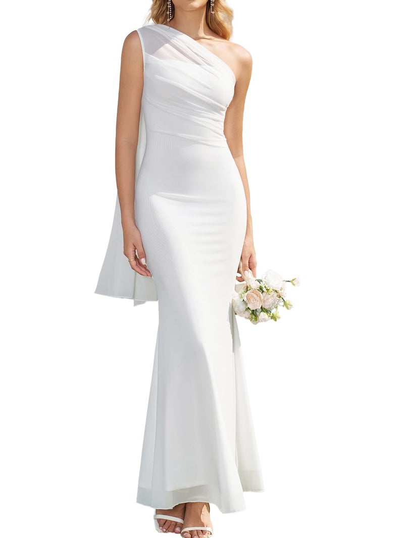 HTZMO Womens One Shoulder Formal Wedding Guest Maxi Dress Summer Bodycon Ruched Elegant Cocktail Party Long Dresses White M - Image 1